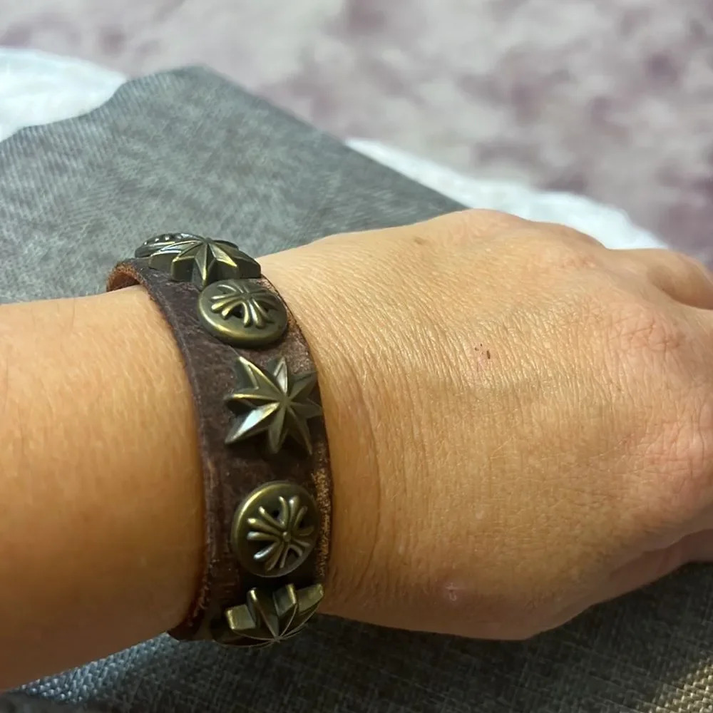 Brown Leather Snap Bracelet w/ metal details One Size